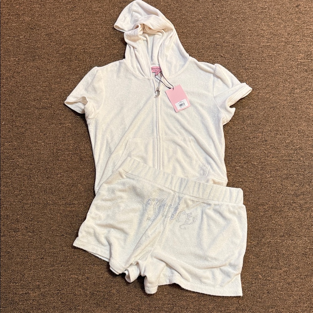 Juicy Couture Cream Terry Cloth Hoodie & Shorts Set